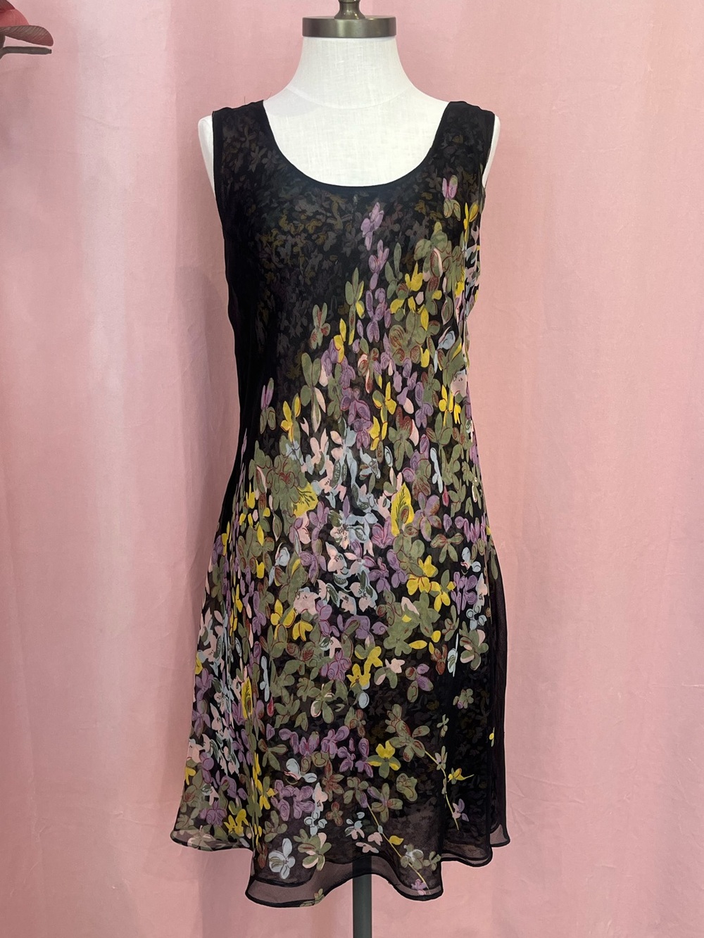 90s Double Layer Sheer Mesh Floral Dress | Black Ditsy Floral | Size M